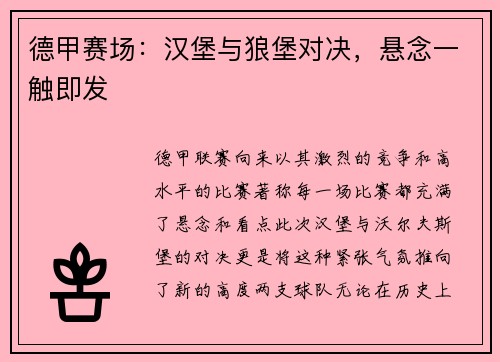 德甲赛场：汉堡与狼堡对决，悬念一触即发